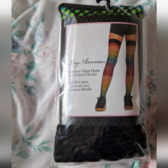 NWT Leg Avenue Rainbow Thigh Highs with Fishnet Overlay - Picture 1 of 2